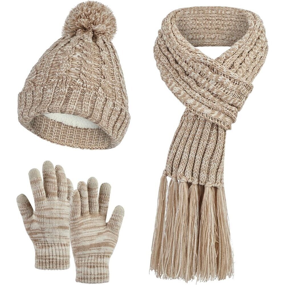 Womens Winter Beanie Hat Scarf Glove Set Knit Thick Warm Pompom Cap 3 in 1